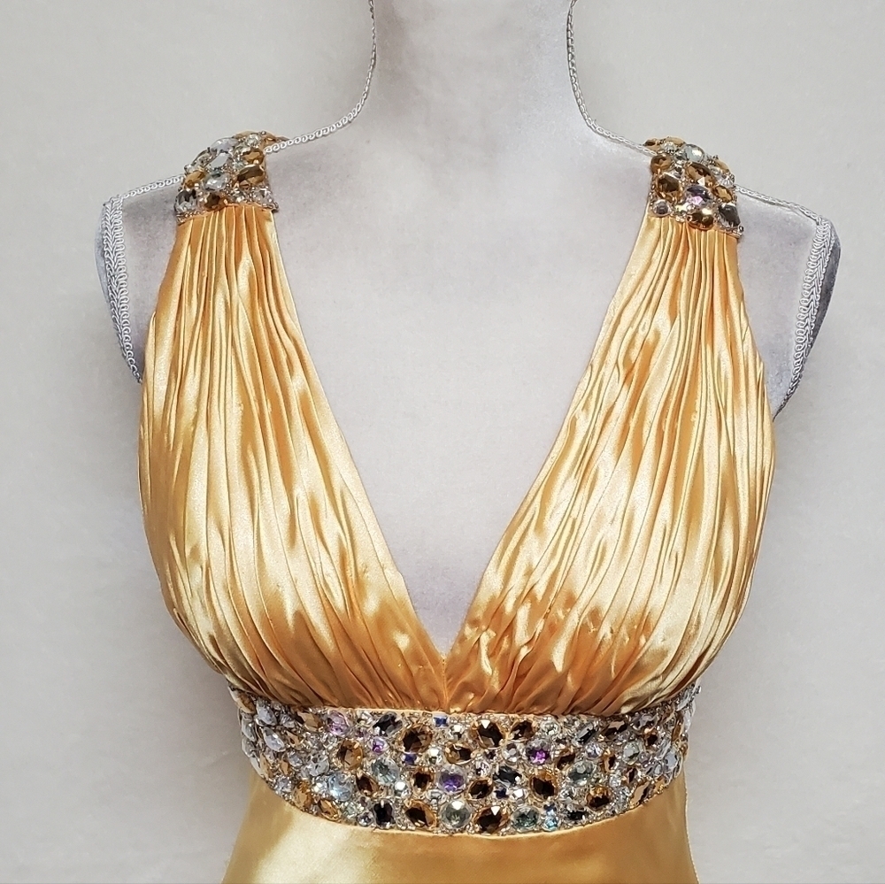 Vintage Beyond Jovani Yellow Charmeuse Shimmer V-neck Beaded Backless Maxi Dress - Picture 5 of 16